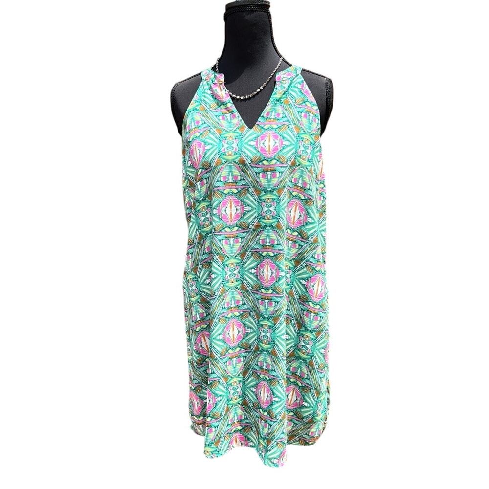 BuddyLove Green Pink Geometric Printed Halter Mini Dress M Resortwear Vacation